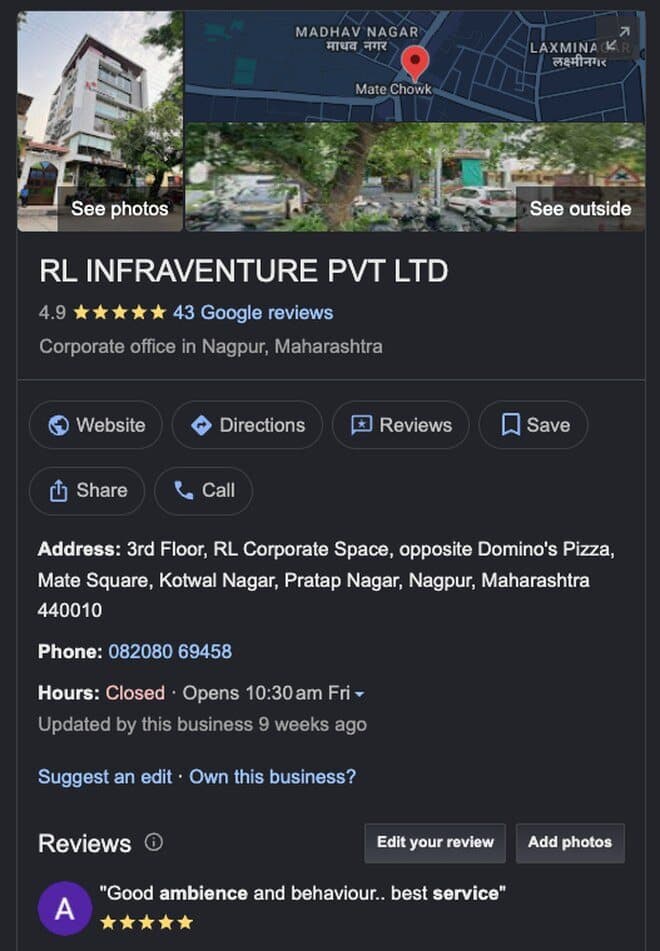 RL Infraventure Google Business Profile