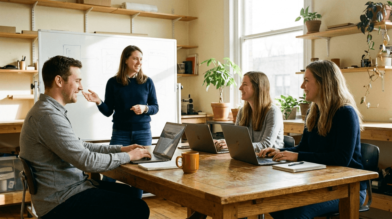A small team in a hands-on training workshop around a working system