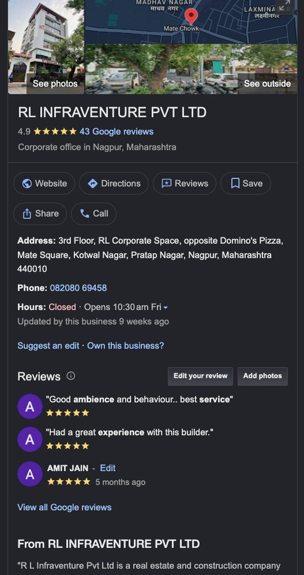 A developer's Google listing showing 4.9 stars from 43 reviews