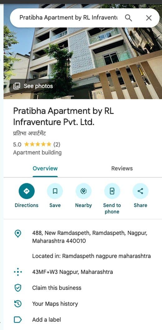 A completed apartment building listed on Google Maps under its own name