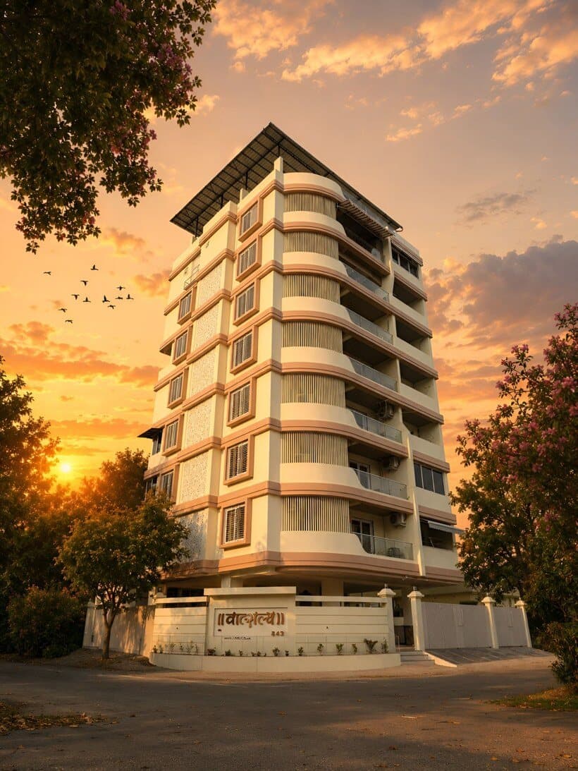 The same building presented at golden hour