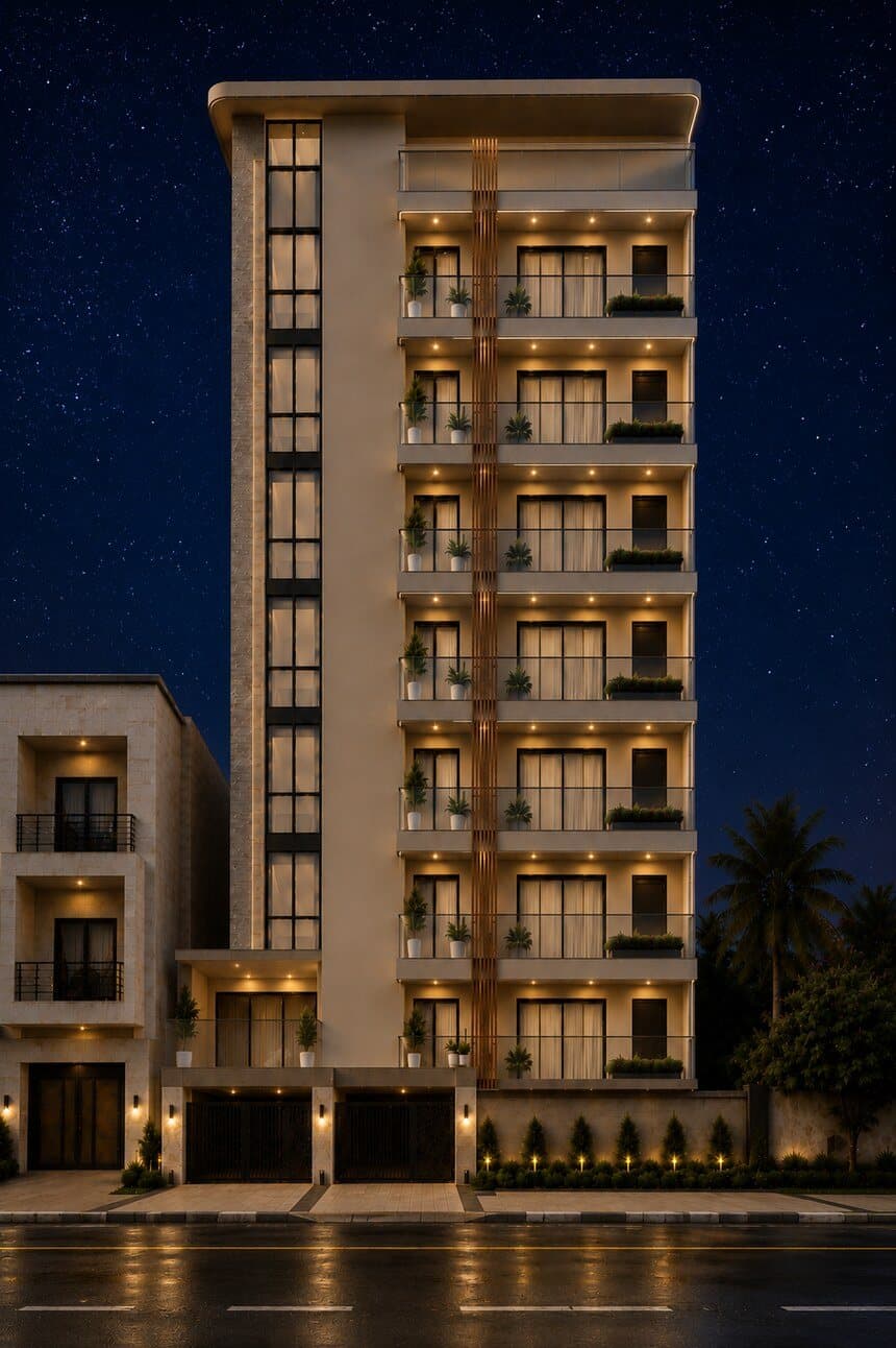 The same building presented as a night render