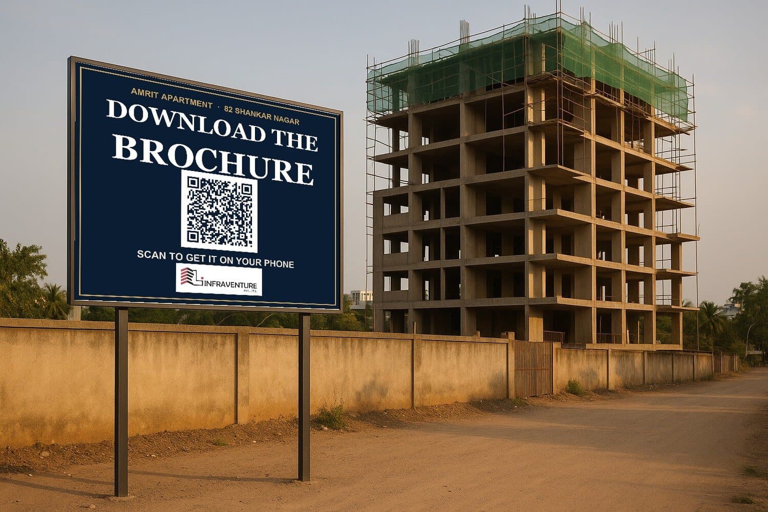 Branded QR code site board at a construction site